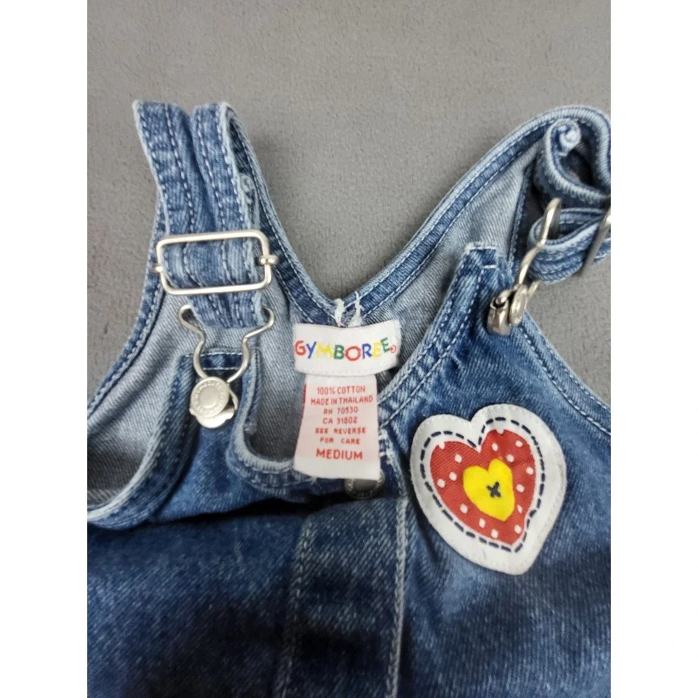 Vintage Gymboree Denim‎ Pinafore Dress Medium M 3-4 Years Heart Bird Patches